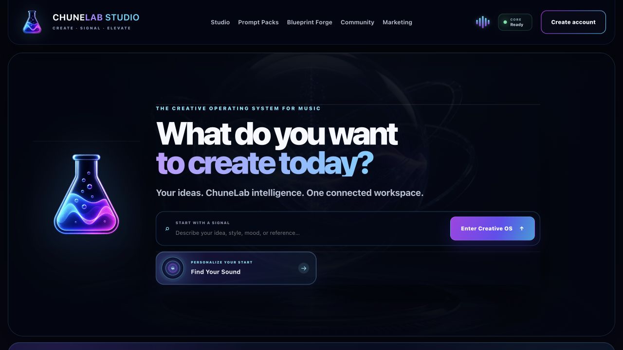 ChuneLab's music-focused creative workspace landing page
