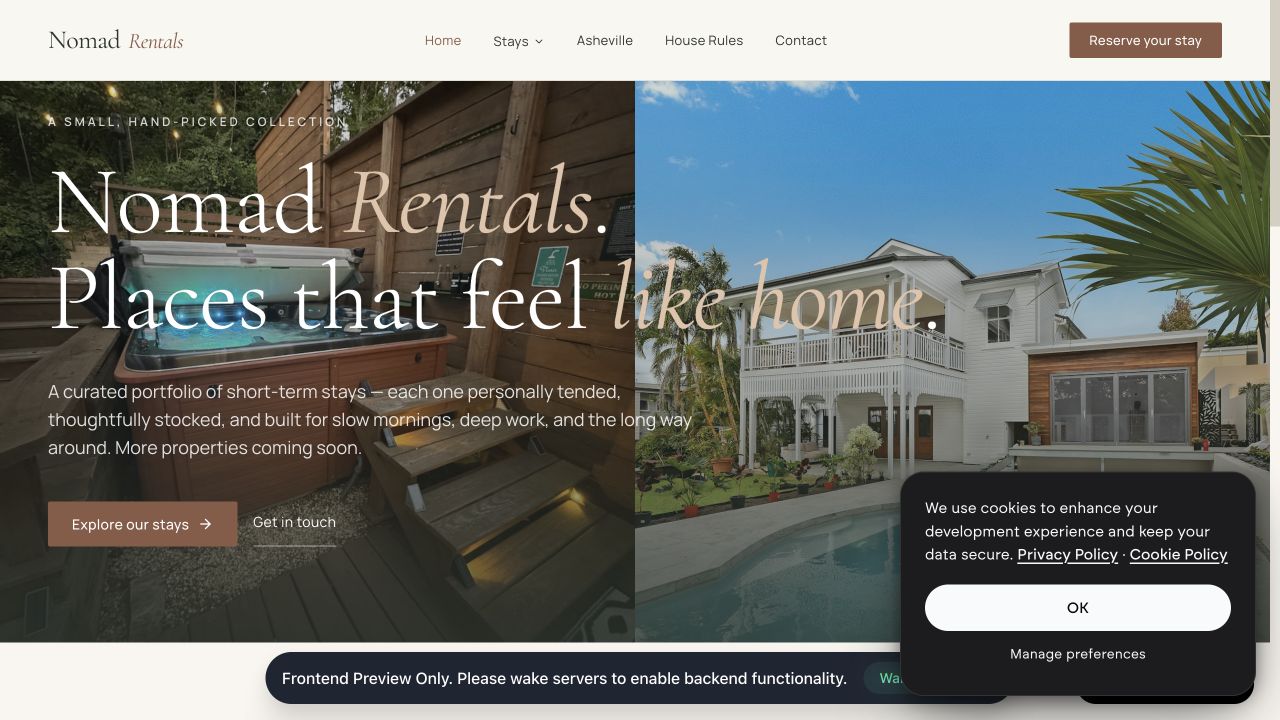 Nomad Rentals home page featuring a cabin stay and a lakeside retreat
